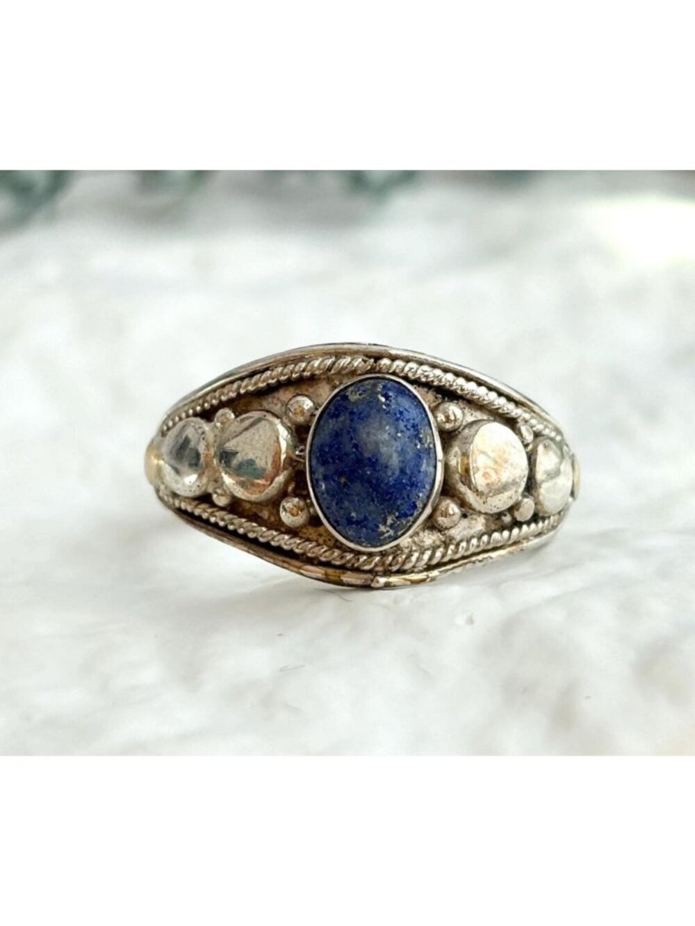 Lapis Lazuli Southwest Style Beaded Sterling Silver 925 Vintage Ring - sz 8
